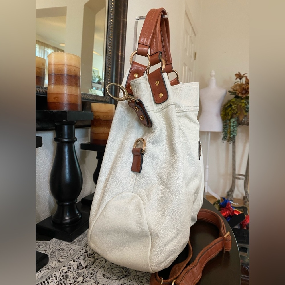Cynthia Rowley Womens Shoulder Bag, Leather Zip Pockets Off White/Brown, X LRG - Picture 4 of 16